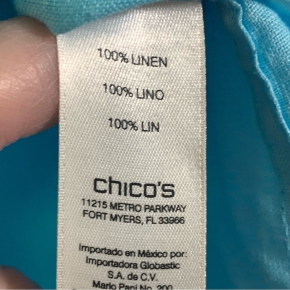 Chico's Turquoise Button Down Linen Lightweight 3/4 Sleeve Spring Blouse - Picture 6 of 9